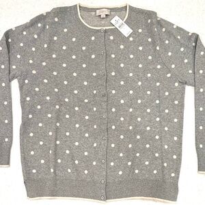 NWT Ann Taylor XL 100% Cotton Cardigan Sweater Light Heather Gray White Polkadot